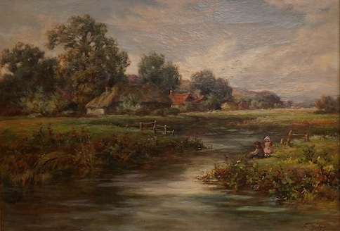 F. Miles (19th. C), oil on canvas, 'A backwater near Sunbury', signed, 34 x 49cm, ornate gilt framed. Condition - fair to good, craquelure throughout